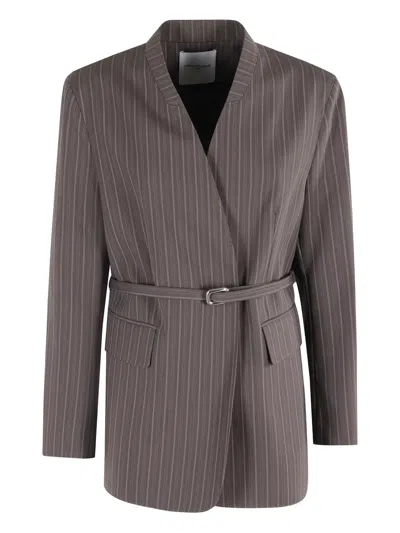 Isabelle Blanche Pinstripe Belted Jacket In Gray