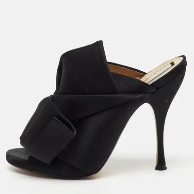 Pre-owned N°21 Nº21 Black Satin Raso Knot Peep Toe Slide Mules Size 41