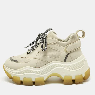 Pre-owned Prada Cream Suede And Leather Lace Up Low Top Sneakers Size 35 In White