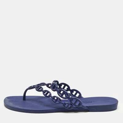 Pre-owned Hermes Navy Blue Rubber Island Flat Slides Size 39