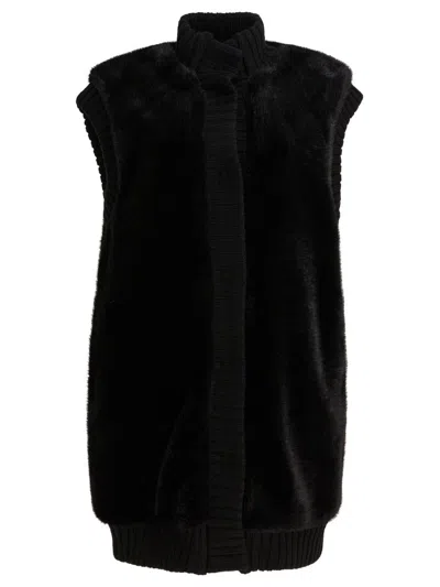 Pinko Genovese Black Sleeveless Vest With High Neck And Ribbed Details In Ecofur Woman In Black