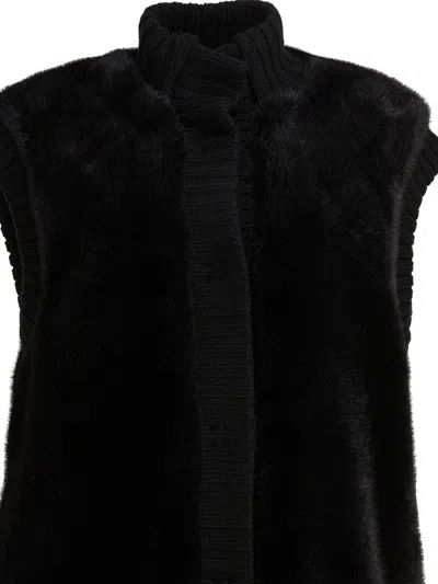 Pinko Genovese Black Sleeveless Vest With High Neck And Ribbed Details In Ecofur Woman In Black