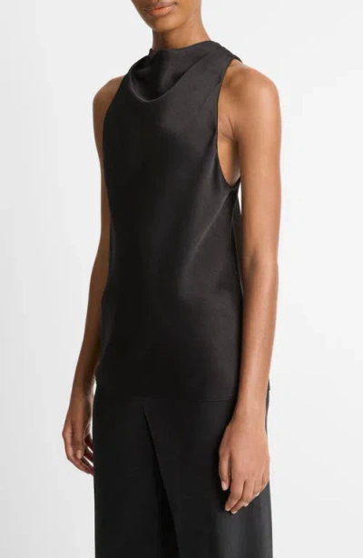Vince Satin Top With Drop Collar And Diagonal Cut In Black