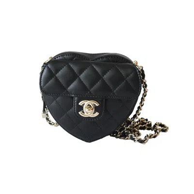 Pre-owned Chanel Cc Lambskin Quilted In Love Heart Bag Gold Hardware Black