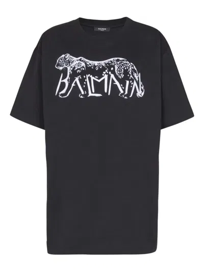 Balmain Leopard Print Cotton T-shirt In Black
