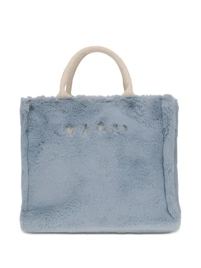 Marni Small Tote Bag With Faux Fur Trim In Blue