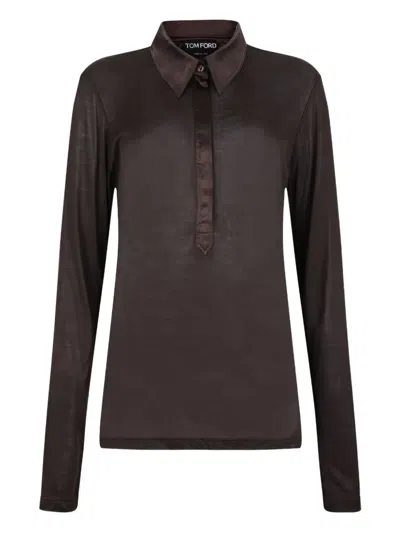 Tom Ford Silk Jersey Long Sleeve Polo In Brown