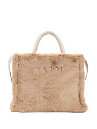 Marni Small Rectangular Basket Bag With Plush Faux Fur Fabric In Nude