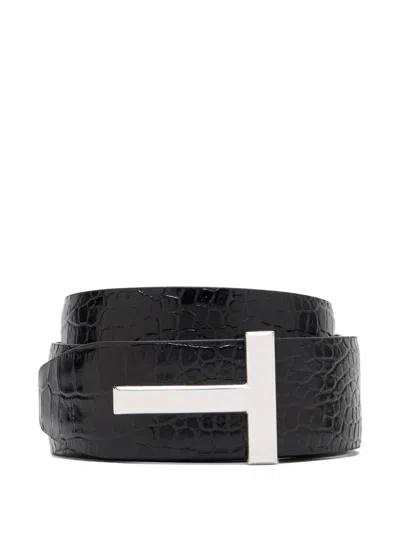 Tom Ford Reversible Crocodile Effect Belt With Metallic Buckle In Black