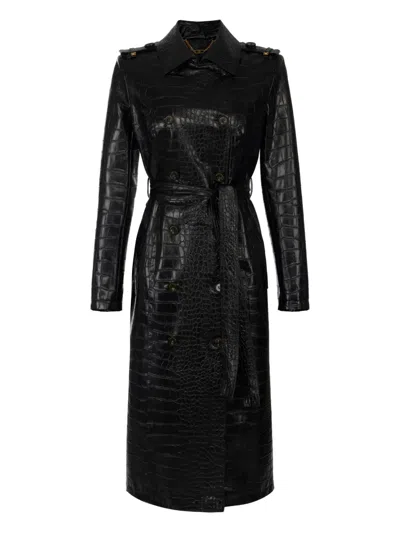 Elisabetta Franchi Crocodile Pattern Long Sleeve Trench Jacket In Black