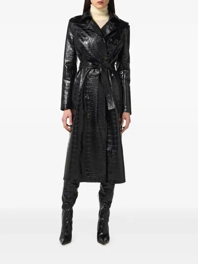 Elisabetta Franchi Crocodile Pattern Long Sleeve Trench Jacket In Black