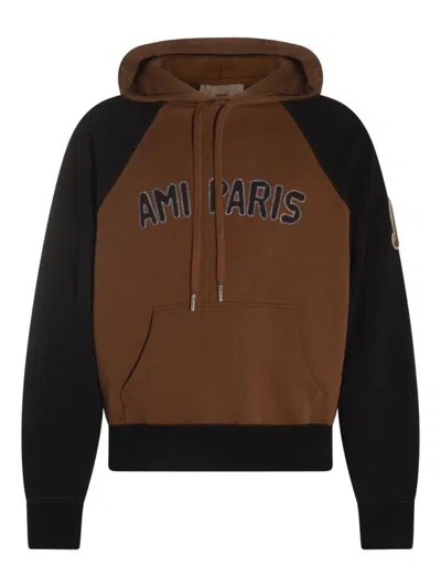 Ami Alexandre Mattiussi Ami Paris Men Cotton Colorblock Hoodie In Brown