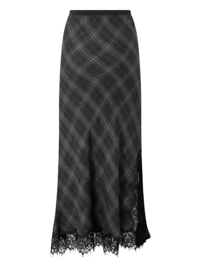 Pinko Plaid Skirt With Lace Trim And Side Slit In Black
