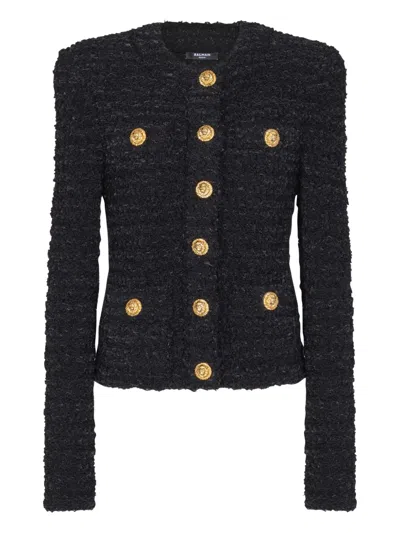 Balmain Buttoned Tweed Jacket In Black