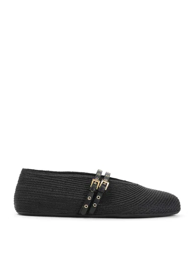 Alaïa Straw Ballerinas With Double Buckle Detail In Black