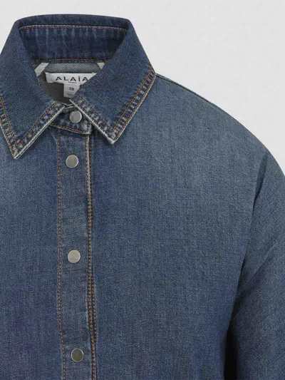 Alaïa Mineral Blue Cotton Curved Shirt With Pointed Collar In Blue