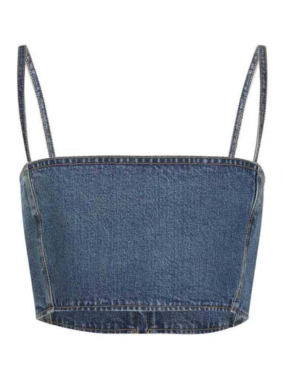 Alaïa Cropped Denim Top With Structured Silhouette In Blue