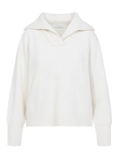 Brunello Cucinelli Sequined Cotton-blend Polo Sweater In White