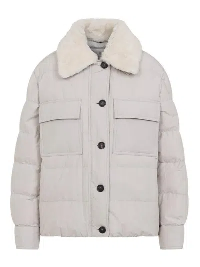 Brunello Cucinelli Light Gray Jacket With Fur Collar In White