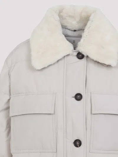 Brunello Cucinelli Light Gray Jacket With Fur Collar In White
