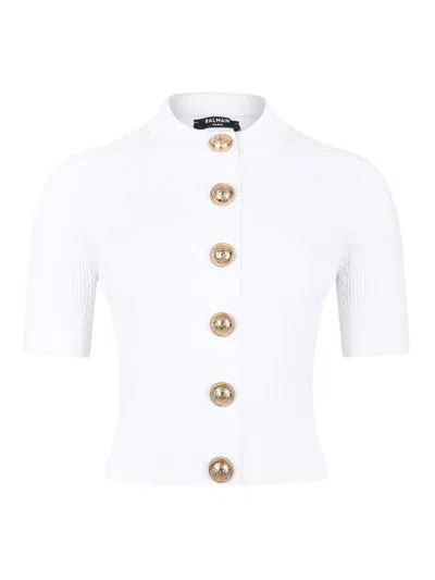 Balmain Crewneck Ribbed Cardigan Short Sleeves In White