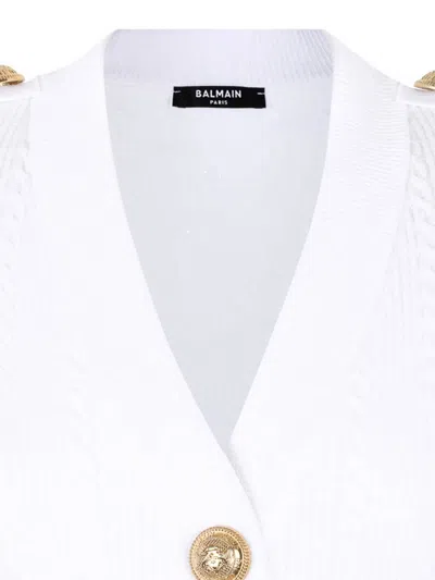 Balmain V-neck Cable Knit Cardigan With Gold-tone Buttons In White
