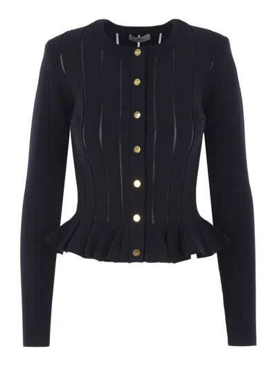 Elisabetta Franchi Tricot Pattern Sweater With Padded Shoulder Straps And Embroidered Hem In Black