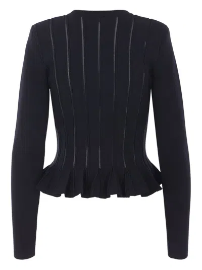 Elisabetta Franchi Tricot Pattern Sweater With Padded Shoulder Straps And Embroidered Hem In Black