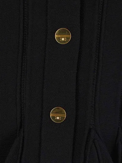 Elisabetta Franchi Tricot Pattern Sweater With Padded Shoulder Straps And Embroidered Hem In Black