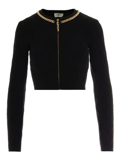 Elisabetta Franchi Diamond Knit Cardigan With Black Jewel Detail In Black