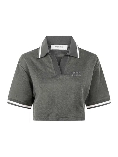 Golden Goose Cropped Cotton Polo Shirt In Gray