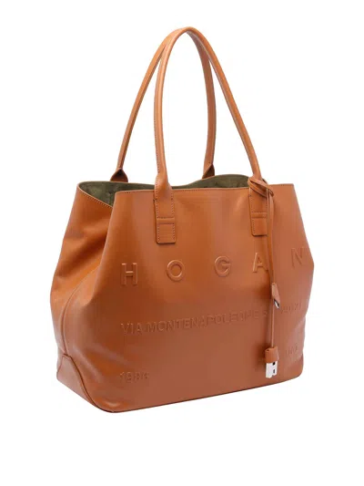 Hogan Medium Script Logo Leather Shoulder Bag In Sand