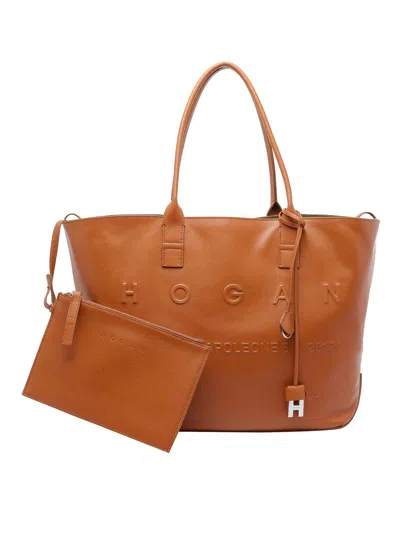 Hogan Medium Script Logo Leather Shoulder Bag In Sand