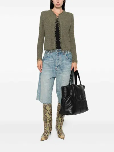 Iro Cotton Jacket With Frayed Edges And Tweed Texture In Green