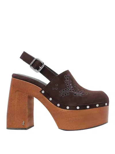 Jimmy Choo Alida 135 Embroidered Studded Suede Platform Clogs In Brown