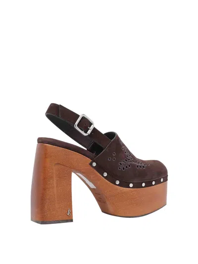 Jimmy Choo Alida 135 Embroidered Studded Suede Platform Clogs In Brown