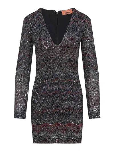 Missoni Multicolour Dress With Deep Neckline And All-over Sequins In Viscose Woman In Black