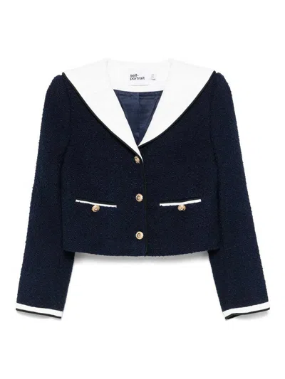 Self-portrait Boucle Jacket With Contrasting Neckline In Blue