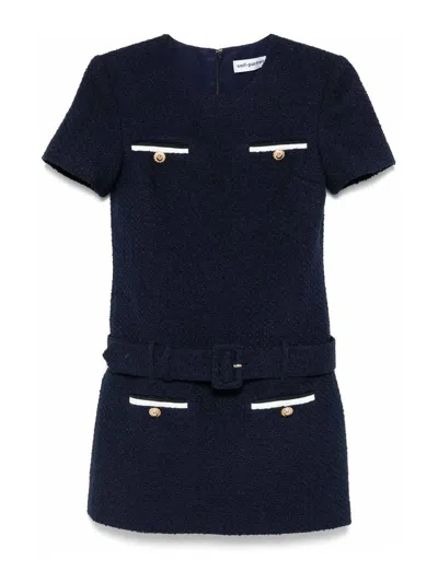 Self-portrait Textured Boucle Mini Dress With Belted Waist And Gold-tone Accents In Black