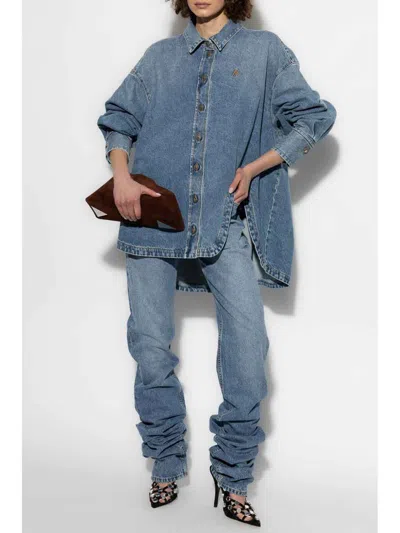 Attico Oversized Embroidered Denim Shirt In Blue