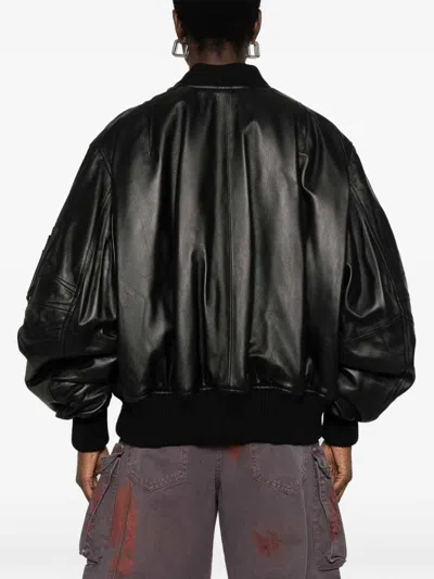 Attico The  Lamb Leather Bomber Jacket With Oversized Silhouette And Utility Pockets In Black