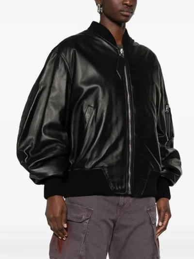 Attico The  Lamb Leather Bomber Jacket With Oversized Silhouette And Utility Pockets In Black
