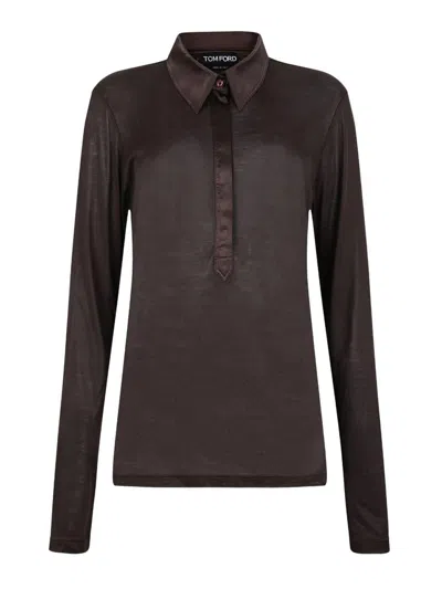 Tom Ford Silk Jersey Long Sleeve Polo In Brown