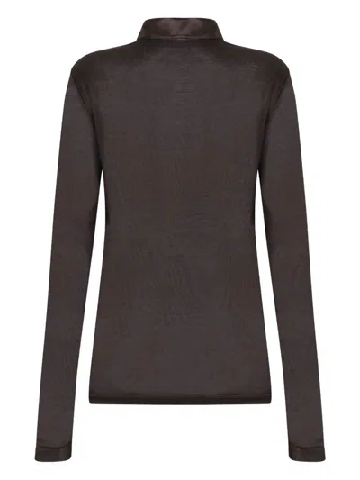 Tom Ford Silk Jersey Long Sleeve Polo In Brown