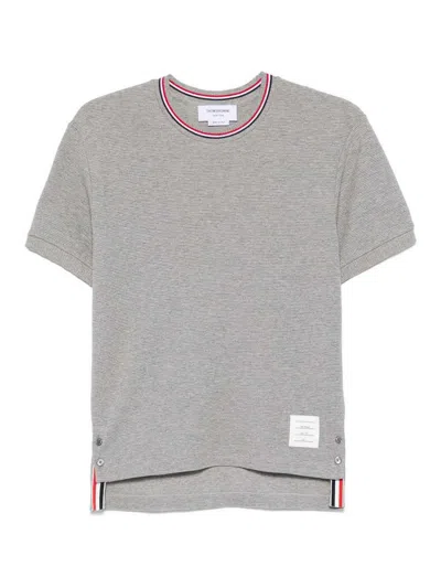 Thom Browne Short-sleeve Cotton T-shirt With Striped Neckline And Snap Hem In Gray