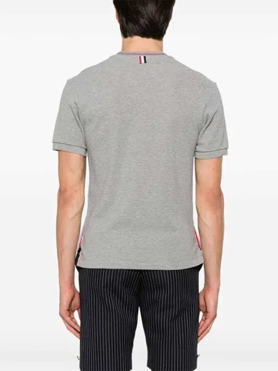 Thom Browne Short-sleeve Cotton T-shirt With Striped Neckline And Snap Hem In Gray