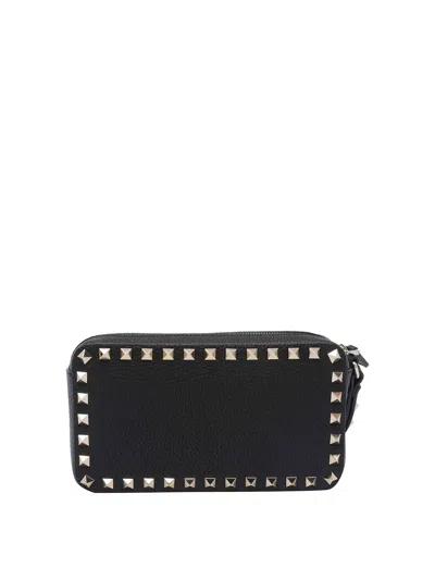 Valentino Rectangular Studded Clutch With Textured Surface In Black