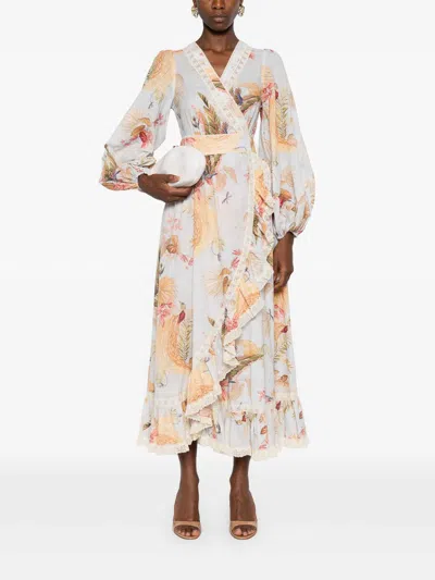Zimmermann Floral Midi Dress Belted Waist In Multi