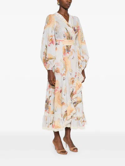 Zimmermann Floral Midi Dress Belted Waist In Multi