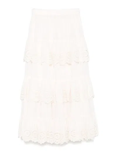 Zimmermann Lucky Embroidered Midi Skirt In White